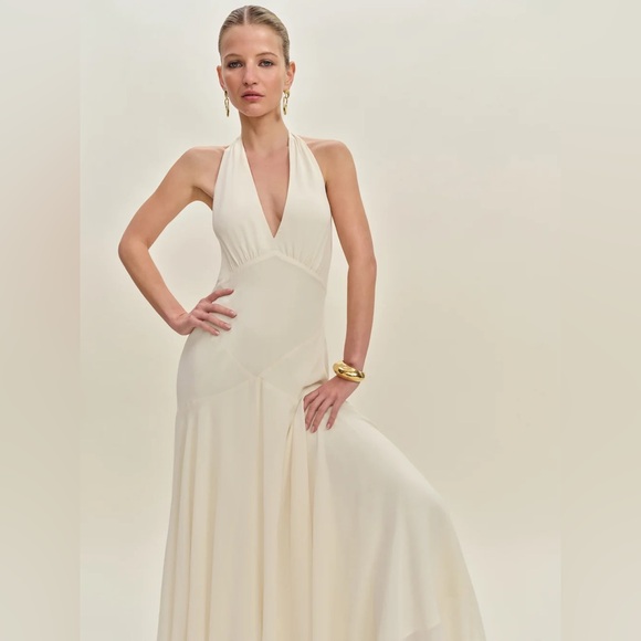 Reformation Briony White/Ivory/Beige/Cream V Neck Halter Maxi Dress (Size 4) - Picture 3 of 6